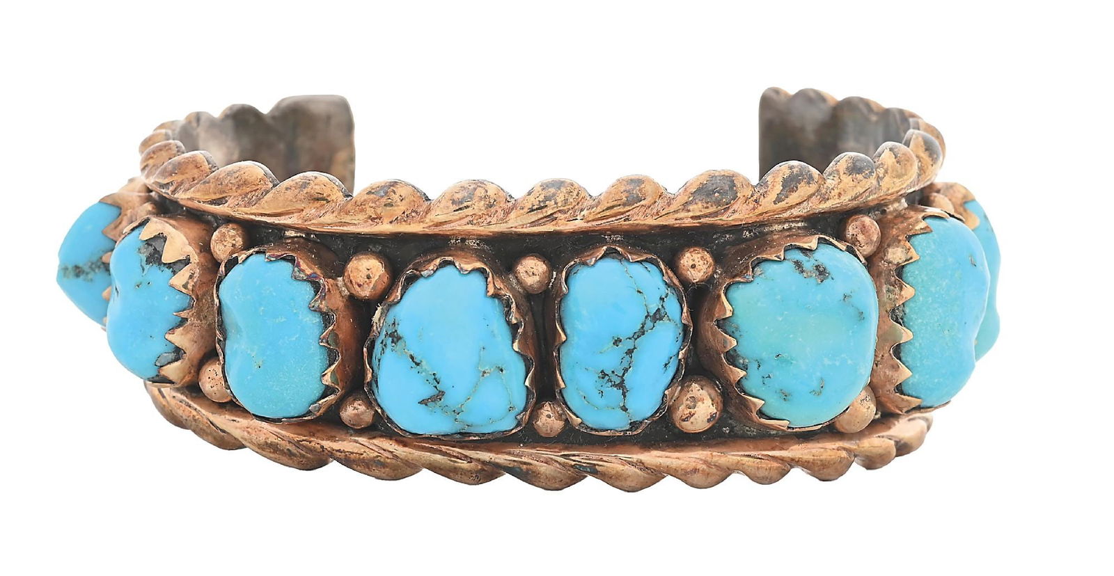 STERLING SILVER & TURQUOISE CUFF BRACELET: Contemporary. Gold wash over sterling silver native American turquoise cuff bracelet. Signed with "LGK". Maker unknown. Inside diameter measures 2-1/8". Gross weight is 61.9 grams. Condition: Very goo