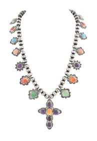 STERLING SILVER TURQUOISE & MIXED STONE CROSS NECKLACE BY DON LUCAS
