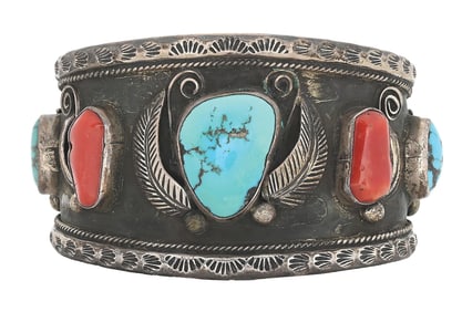MEN'S STERLING SILVER CORAL & TURQUOISE NATIVE AMERICAN CUFF BRACELET