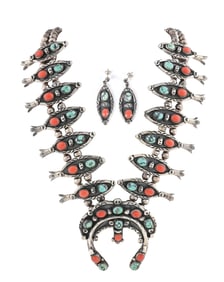 LOT OF 2:STERLING SILVER TURQUOISE & CORAL SQUASH BLOSSOM NECKLACE & EARRINGS