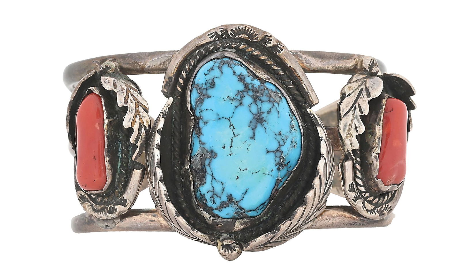 STERLING SILVER CORAL & TURQUOISE NATIVE AMERICAN CUFF BRACELET: Contemporary, Sterling silver red coral and turquoise cuff bracelet. Unmarked. Inside diameter measures 2-1/4". Widest point measures 1-3/4". Gross weight is 76.2 grams. Condition: Very good - excelle