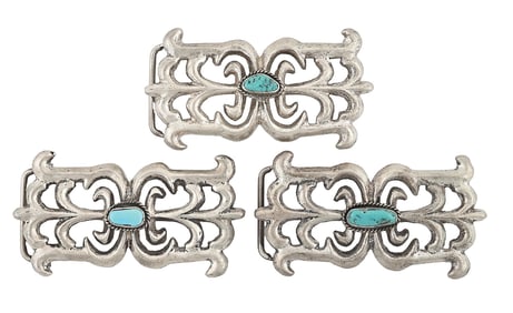 LOT OF 3: STERLING SILVER & TURQUOISE NAVAJO BELT BUCKLES