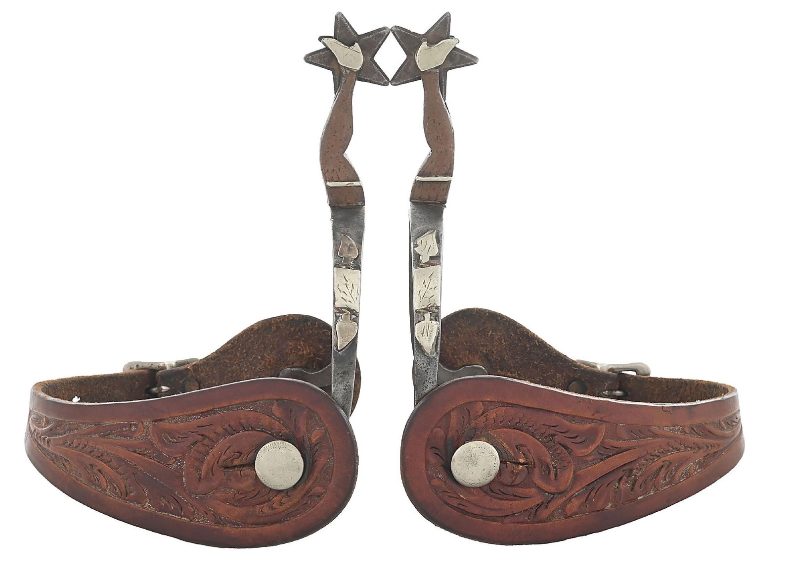 MCCHESNEY EARLY MARKED ARM & HAMMER MARKED NO. 8 GAL LEG SPURS: Classic No. 8 McChesney gal leg spurs, mounted one side, two-tone, copper and silver decorations. Tapered 1-1/4" to 1-1/2" bands, 2" shanks and five-point Texas star 1-1/4" engraved rowels. Later carv