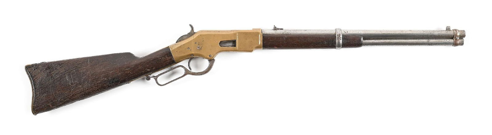 (A) WINCHESTER MODEL 1866 LEVER ACTION SADDLE RING SHORT CARBINE: Manufactured in 1872. While it is believed Winchester produced a few short 1866 carbines, this example appears to have been gunsmith shortened to 18". Front sight is reset with standard 2-position rea