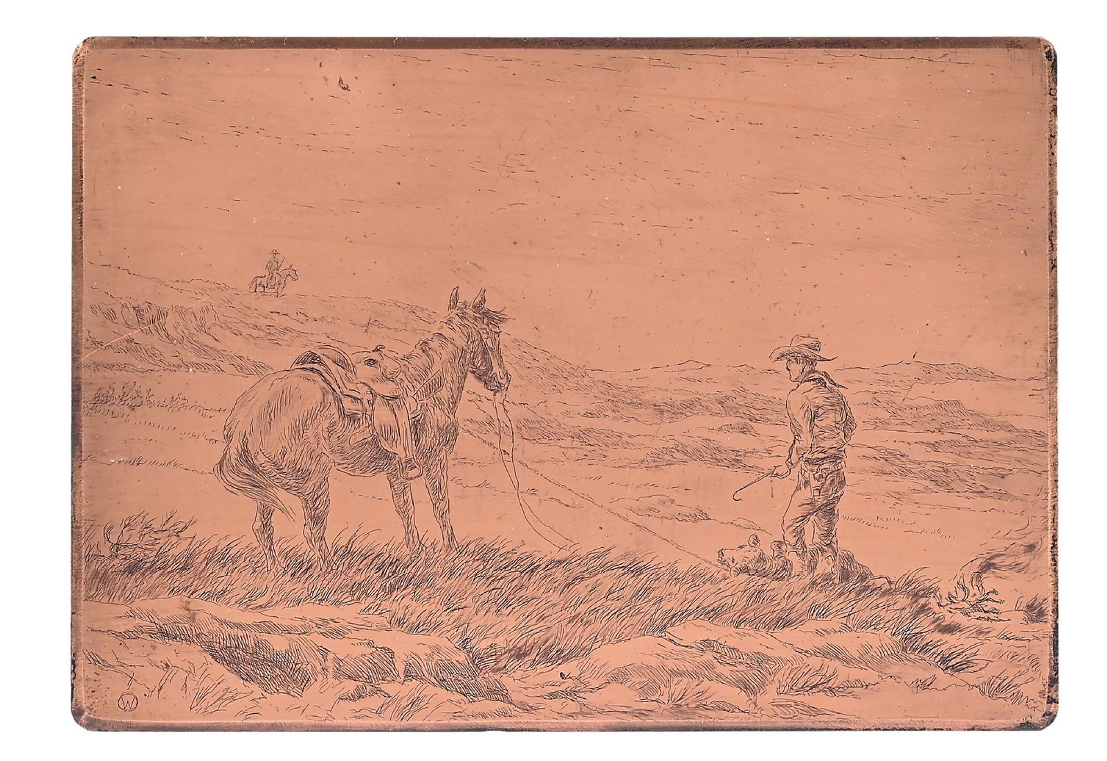 OLAF WIEGHORST COPPER PRINTING PLATE: Original copper etching plate entitled "Field Branding" by famous western artist Olaf Wieghorst. Wieghorst, (April 30, 1899 - April 27, 1988) specialized in depictions of the American western frontier