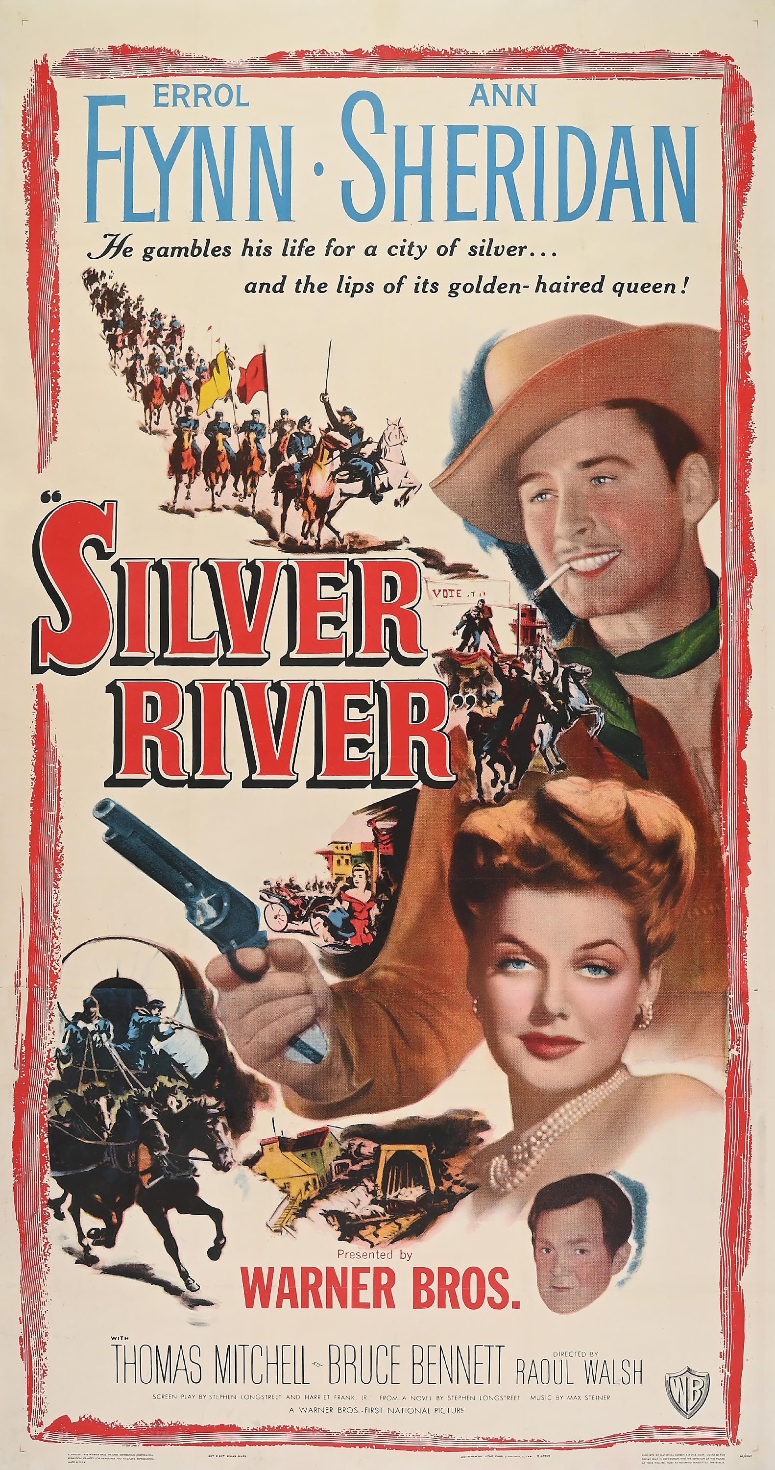 SILVER RIVER LINEN-BACKED THREE-SHEET LOBBY MOVIE POSTER: Silver River featuring Errol Flynn and Ann Sheridan, 1948. Condition: Showing great color, with no rips or repairs noted. Good execution on assembling the three sheets to linen backing. (8.9) Dimensio