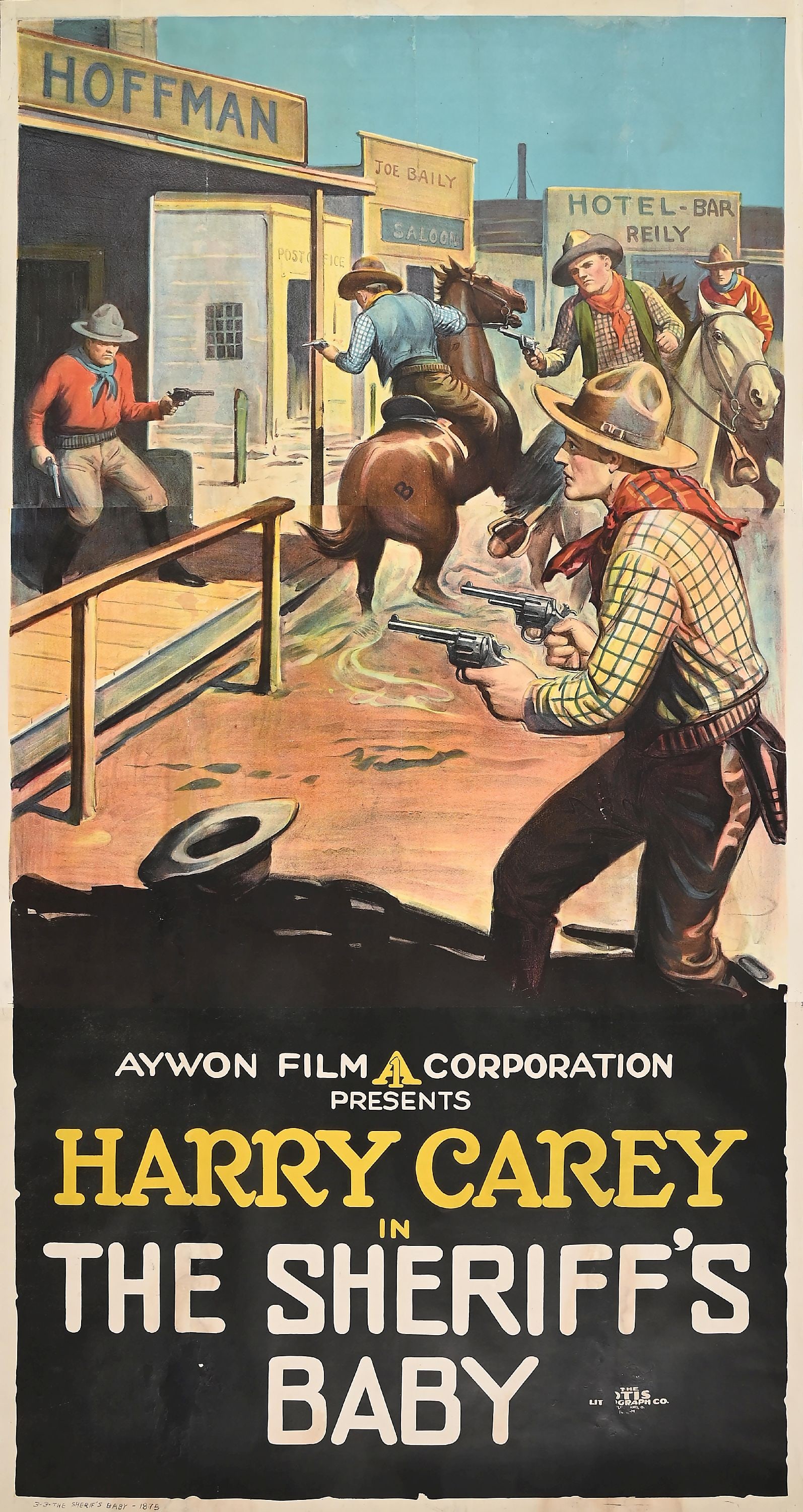 HARRY CAREY "THE SHERIFF'S BABY" THREE-SHEET LINEN-BACKED LOBBY MOVIE POSTER: The Sheriffs Baby featuring Harry Carey, 1913. Early silent movie western and rare format. Condition: Great color, especially given the age of the poster. No rips or repairs noted, assembly of the thr