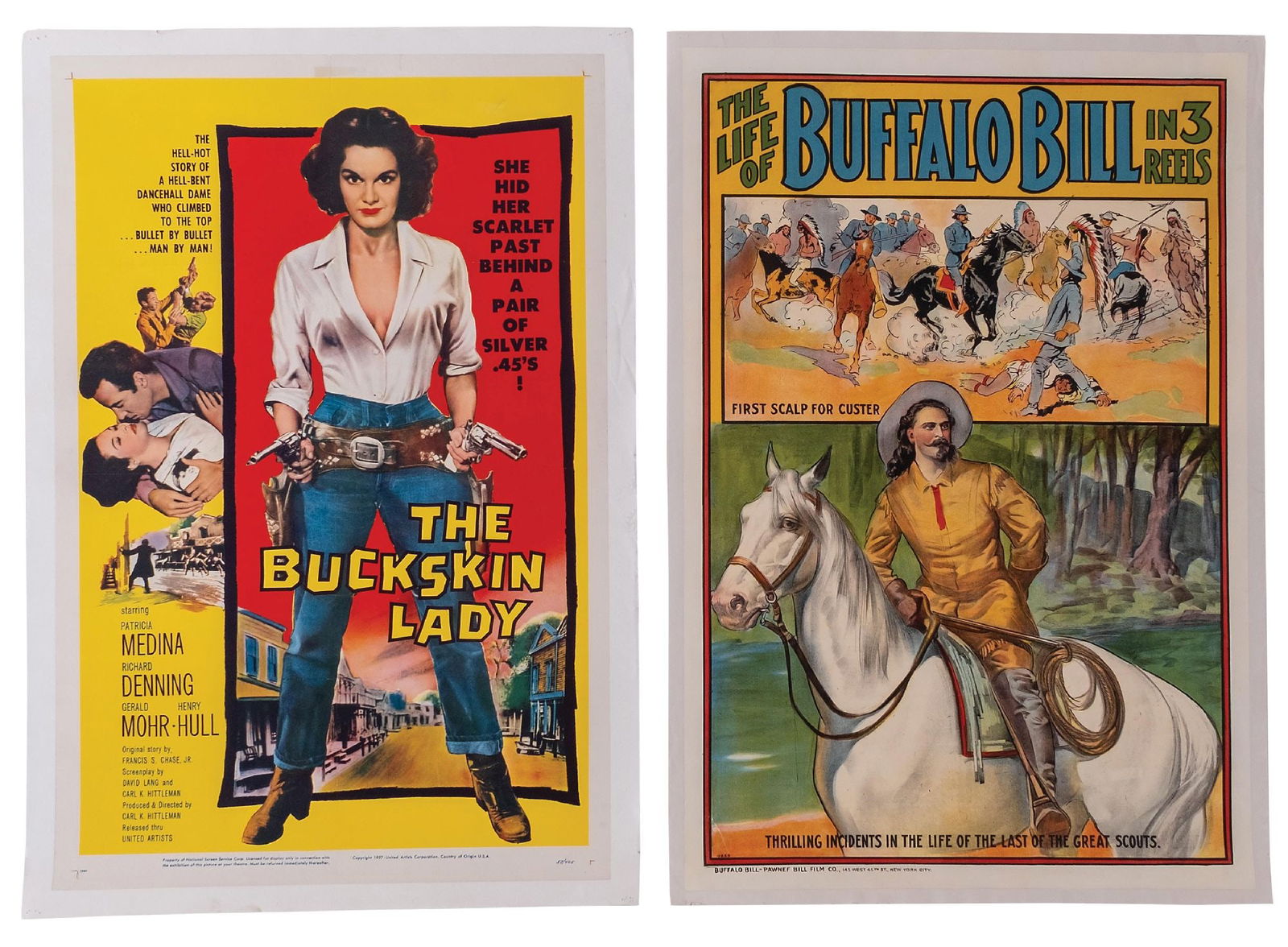 LOT OF 2: "THE BUCKSKIN LADY" & "THE LIFE OF BUFFALO BILL IN 3 REELS" LINEN-BACKED ONE-SHEET MOVIE (1 of 3)
