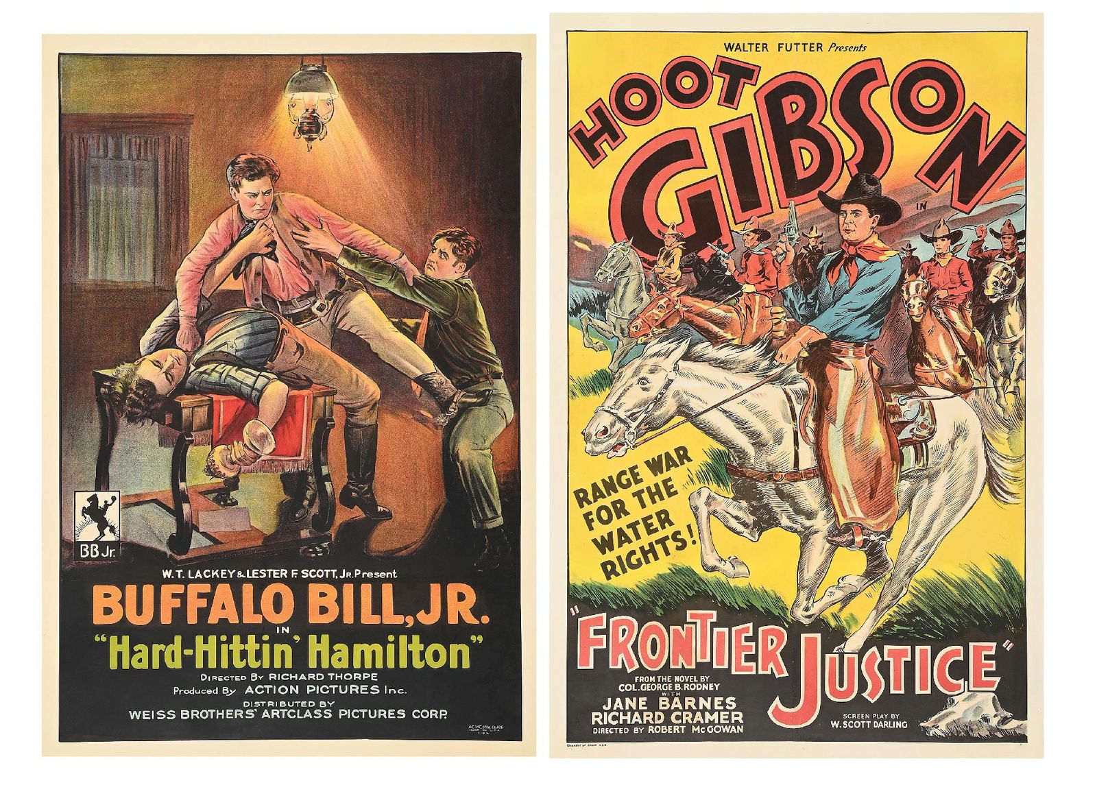 LOT OF 2: "HARD-HITTIN' HAMILTON" & "FRONTIER JUSTICE" LINEN-BACKED ONE-SHEET MOVIE POSTERS (1 of 3)