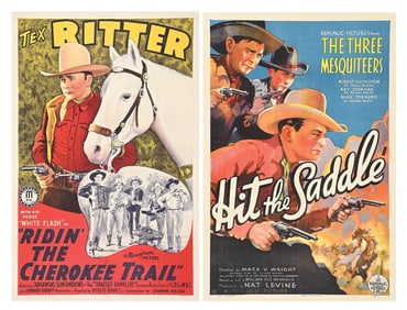 LOT OF 2: "RIDIN' THE CHEROKEE TRAIL" & "HIT THE SADDLE" LINEN-BACKED ONE-SHEET MOVIE POSTERS