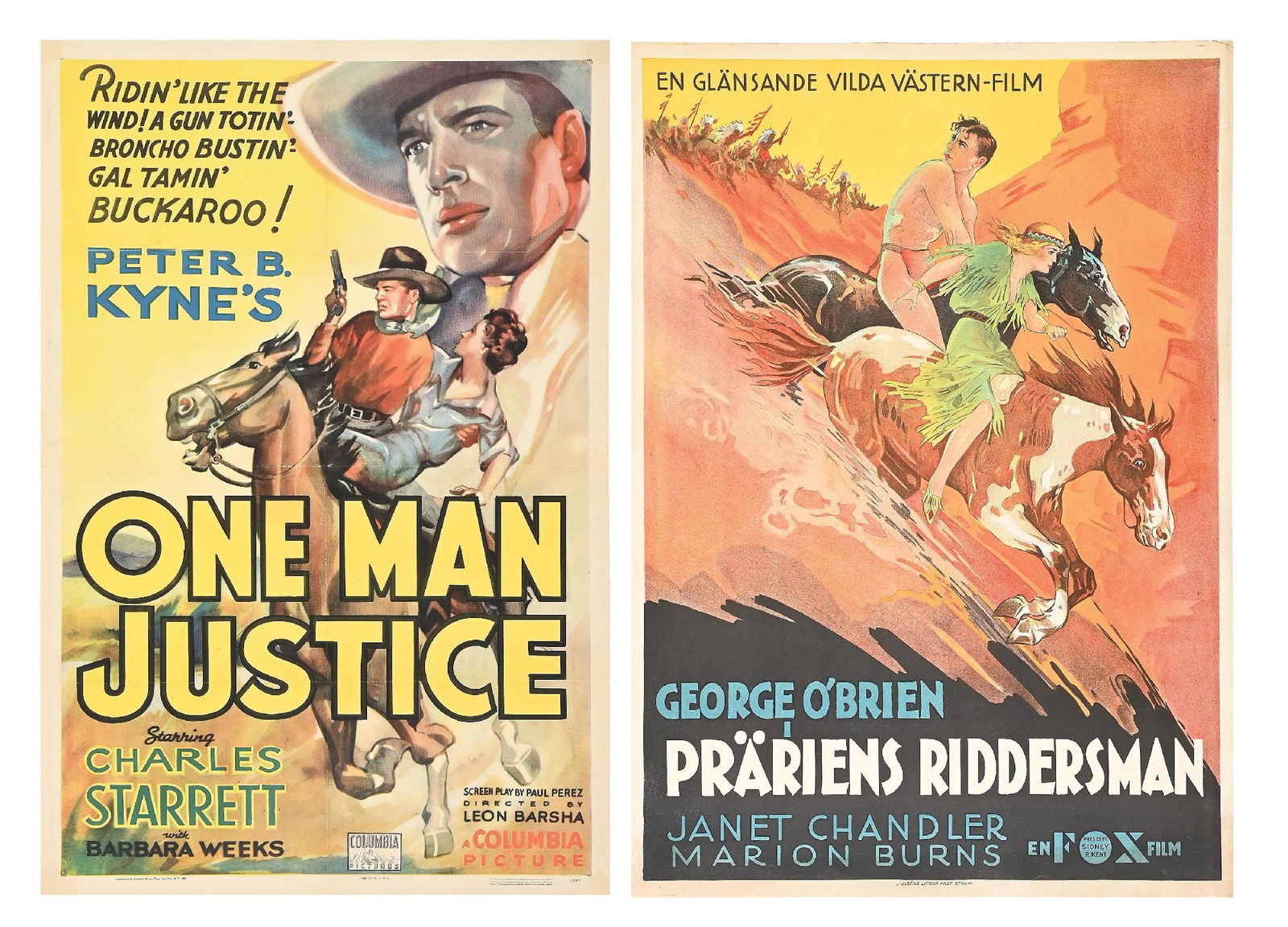 LOT OF 2: "ONE MAN JUSTICE" & "PRARIENS RIDDERSMAN" LINEN-BACKED ONE-SHEET MOVIE POSTERS (1 of 3)