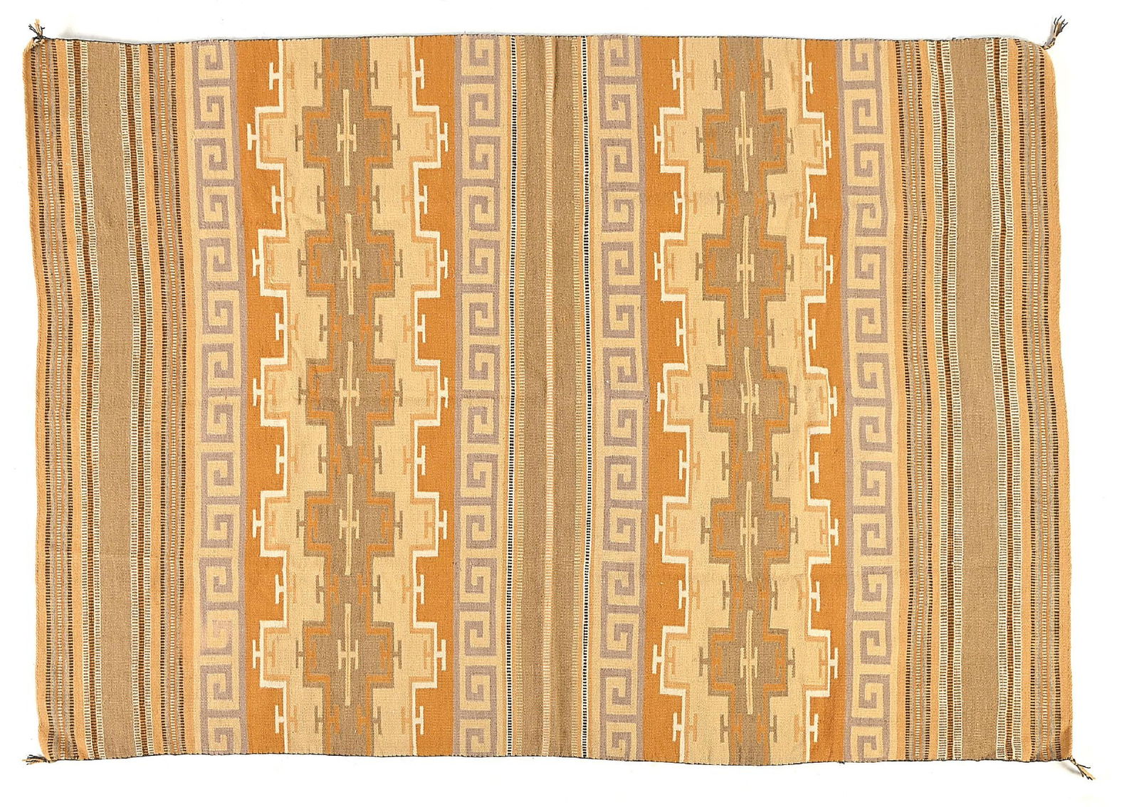 NAVAJO (DINÉ) WEAVING CHINLE/WIDE RUINS: Contemporary. Vegetal dyes overall banded pattern with alternating bands of elongated crosses, Greek frets, and twill. Dimensions: 77" x 53" Condition: A few very small moth damage spots. Colors: Must
