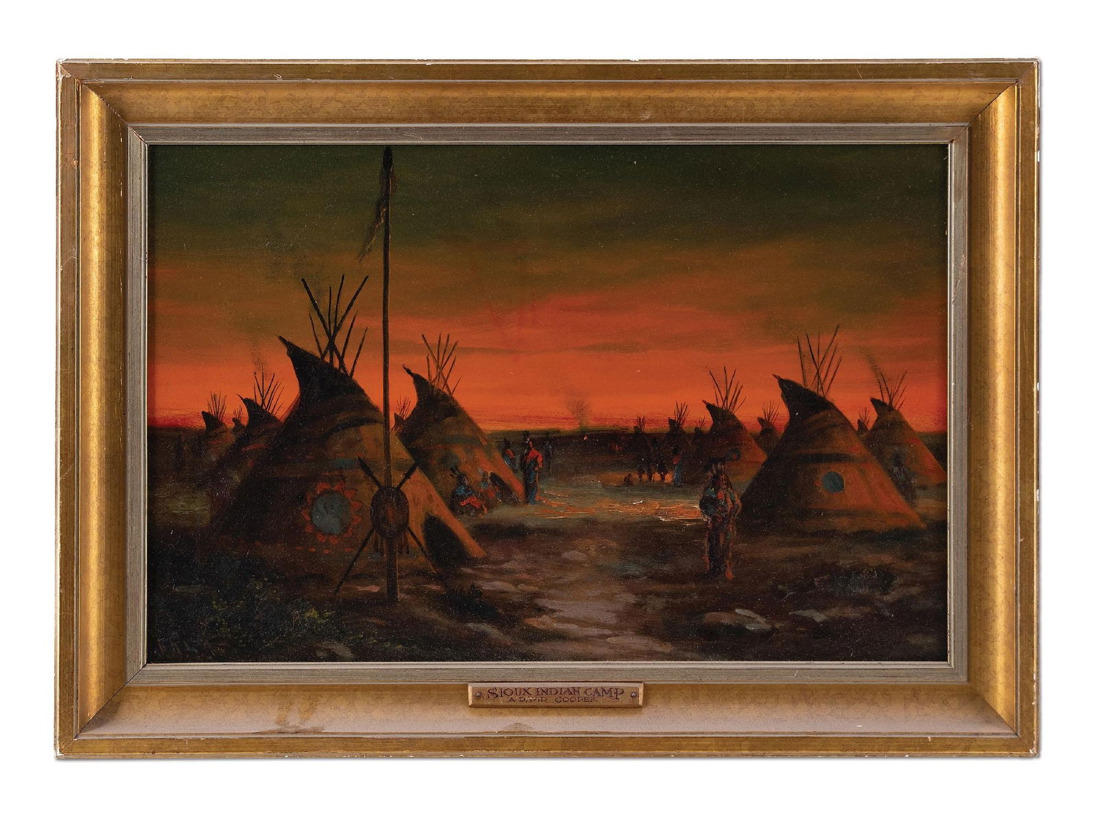 ASTLEY DAVID MONTAGUE COOPER (AMERICAN, 1856-1924): Sioux Indian Camp oil on canvas signed lower-left "A.D.M. Cooper" titled on plaque sight: 15-3/4" x 24-1/4" framed: 20-1/4" x 28-1/2" Dimensions: Frame: 28 1/2" x 1 5/8" x 20 1/4".