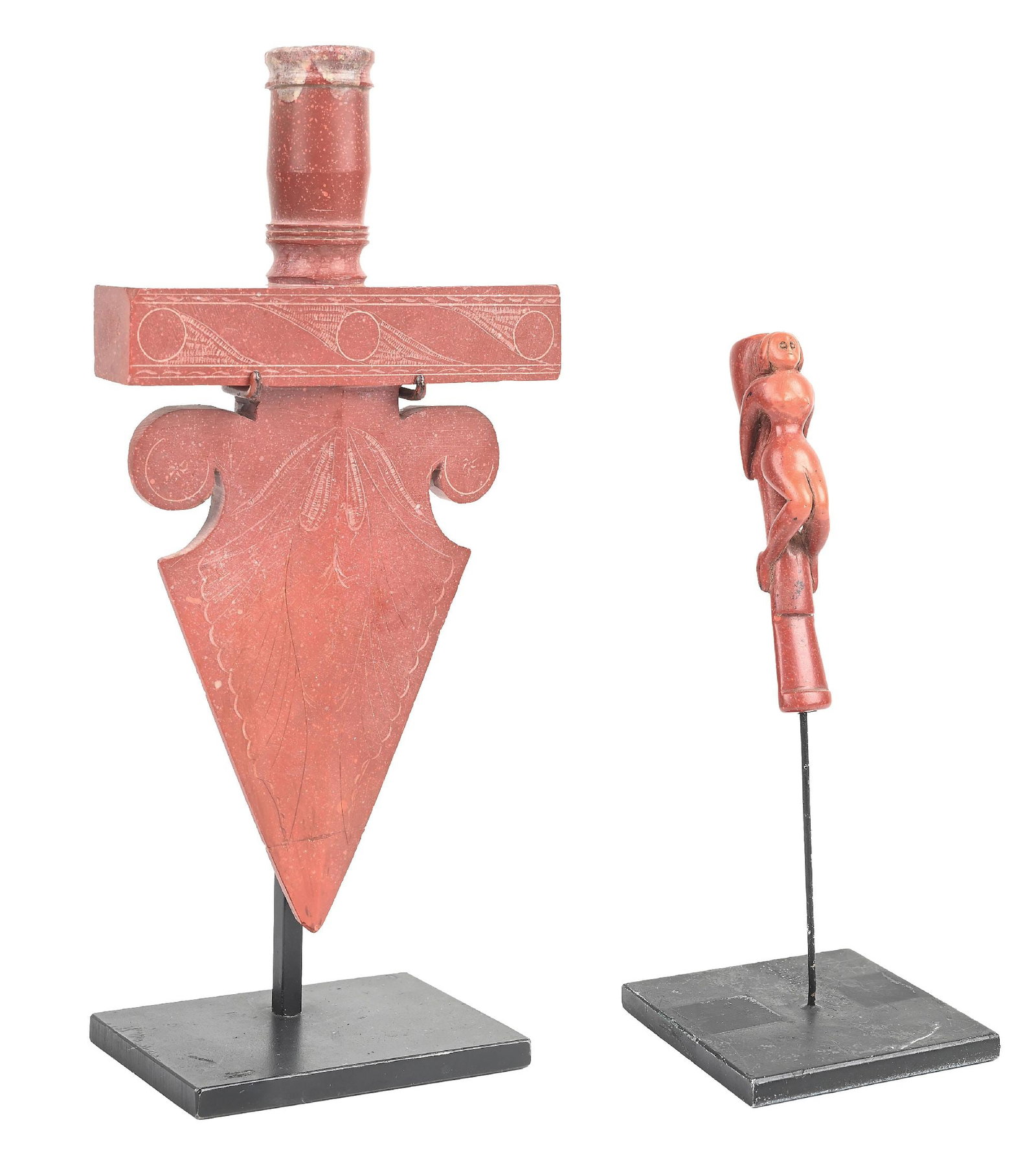 LOT OF 2: CATLINITE DECORATIVE SPEARPOINT & CATLINITE CIGARETTE HOLDER: (A) Decorative spearpoint. Nicely executed with floral and geometric fine line design incised. Tip has been broken and glued back on. Provenance: From the Andy Warhol Collection, Sotheby's, New York,