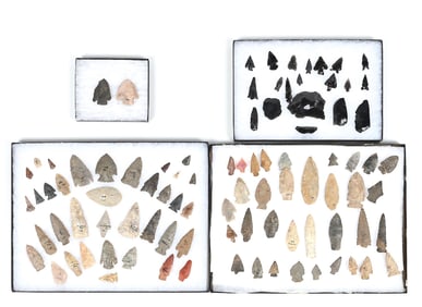 LOT OF 4: COLLECTION OF STONE POINTS IN RIKER FRAMES