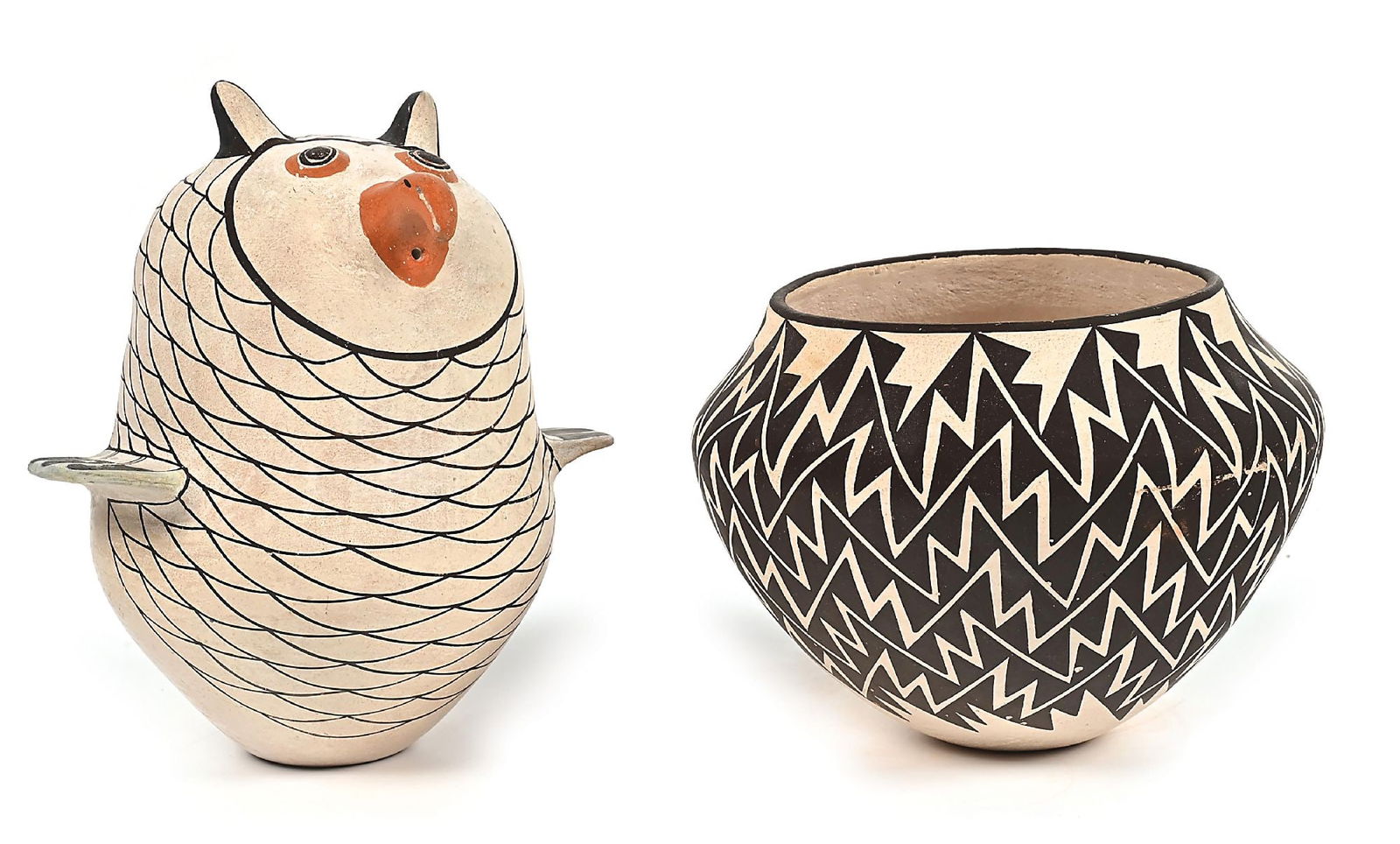 LOT OF 2: ACOMA (ÁAK’U) POTTERY ITEMS: Contemporary. (A) Owl-form, signed on the bottom "Sarah Garcia / Acoma N.M.". Wing repaired. 7-3/4" x 8" x 10". (B) Signed on the base "Sarah Garcia / Acoma, N.M.". With an overall serrated pattern. R