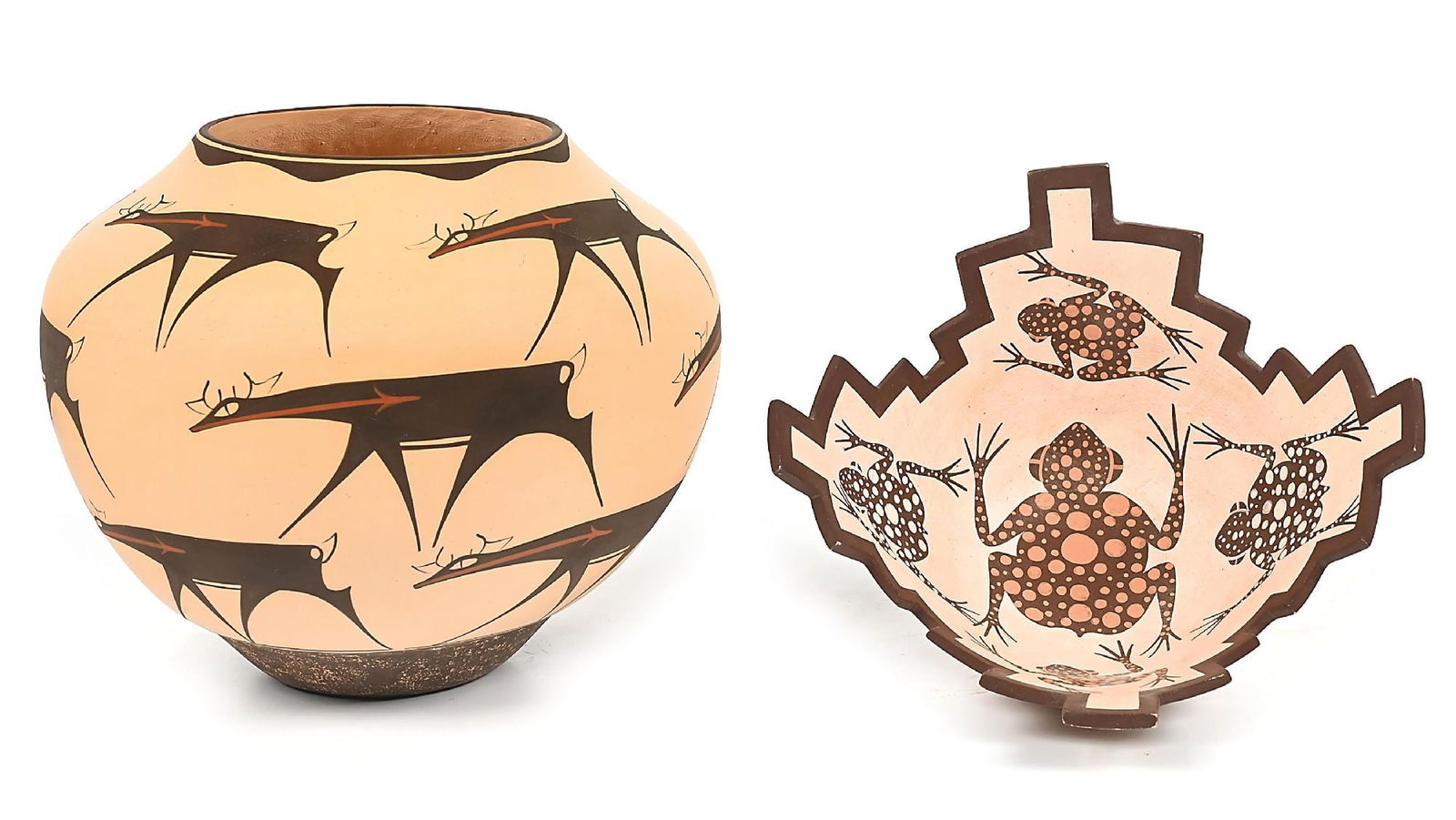 LOT OF 2: ZUNI (A:SHIWI) POTTERY ITEMS: Contemporary. (A) Olla form with incised "A. Peynetsa / 98 / Zuni N.M.". With three bands of polychrome Heartline Deer. 9" Dia. x 11" T. (B) A bowl signed " R, Him of Zuni / '94". With one large spott