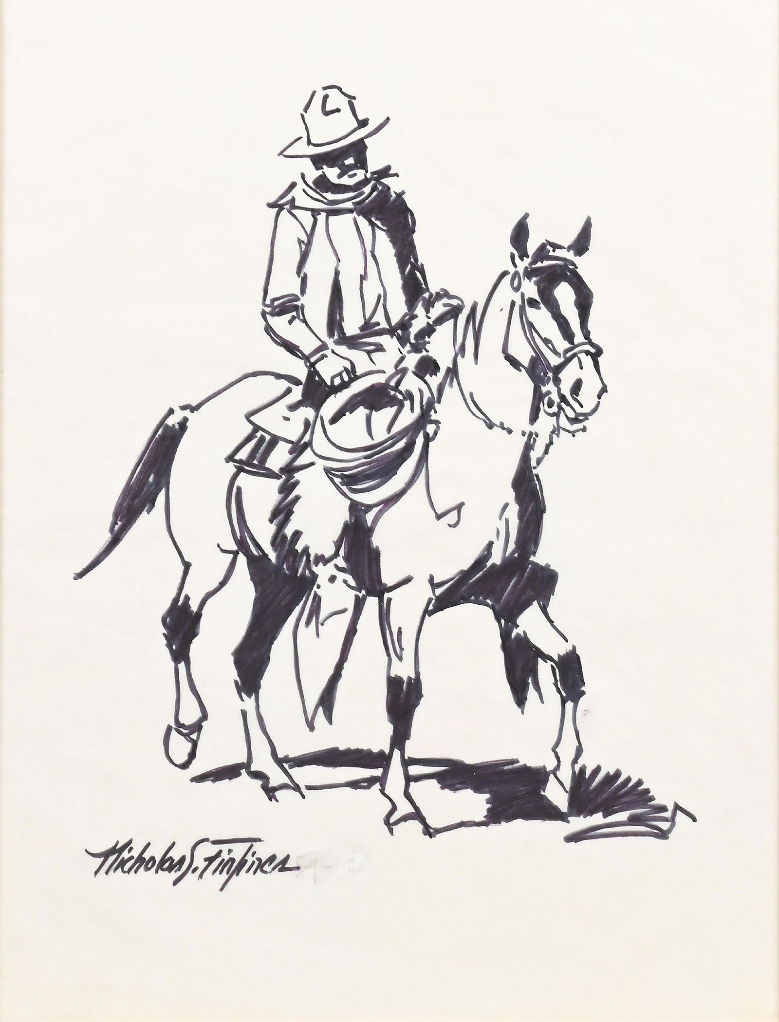 NICHOLAS FIRFIRES (AMERICAN, 1917-1990): Morning Ride ink signed lower-left "Nicholas S. Firfires" sight: 12" x 9" framed: 16" x 12" Provenance: From the Nicholas Firfires Estate, with a letter of provenance from the family Dimensions: Frame