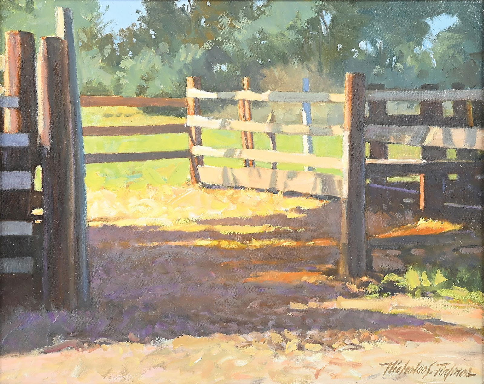 NICHOLAS FIRFIRES (AMERICAN, 1917-1990): Fence Lines oil on canvas signed lower-right "Nicholas S. Firfires" sight: 16" x 20" framed: 27" x 23-1/2" Provenance: From the Nicholas Firfires Estate, with a letter of provenance from the family Di