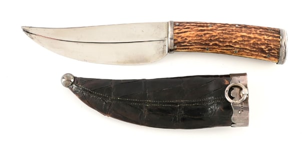 SMALL BOWIE KNIFE WITH SILVER MOUNTS AND MATCH SAFE VESTA.
