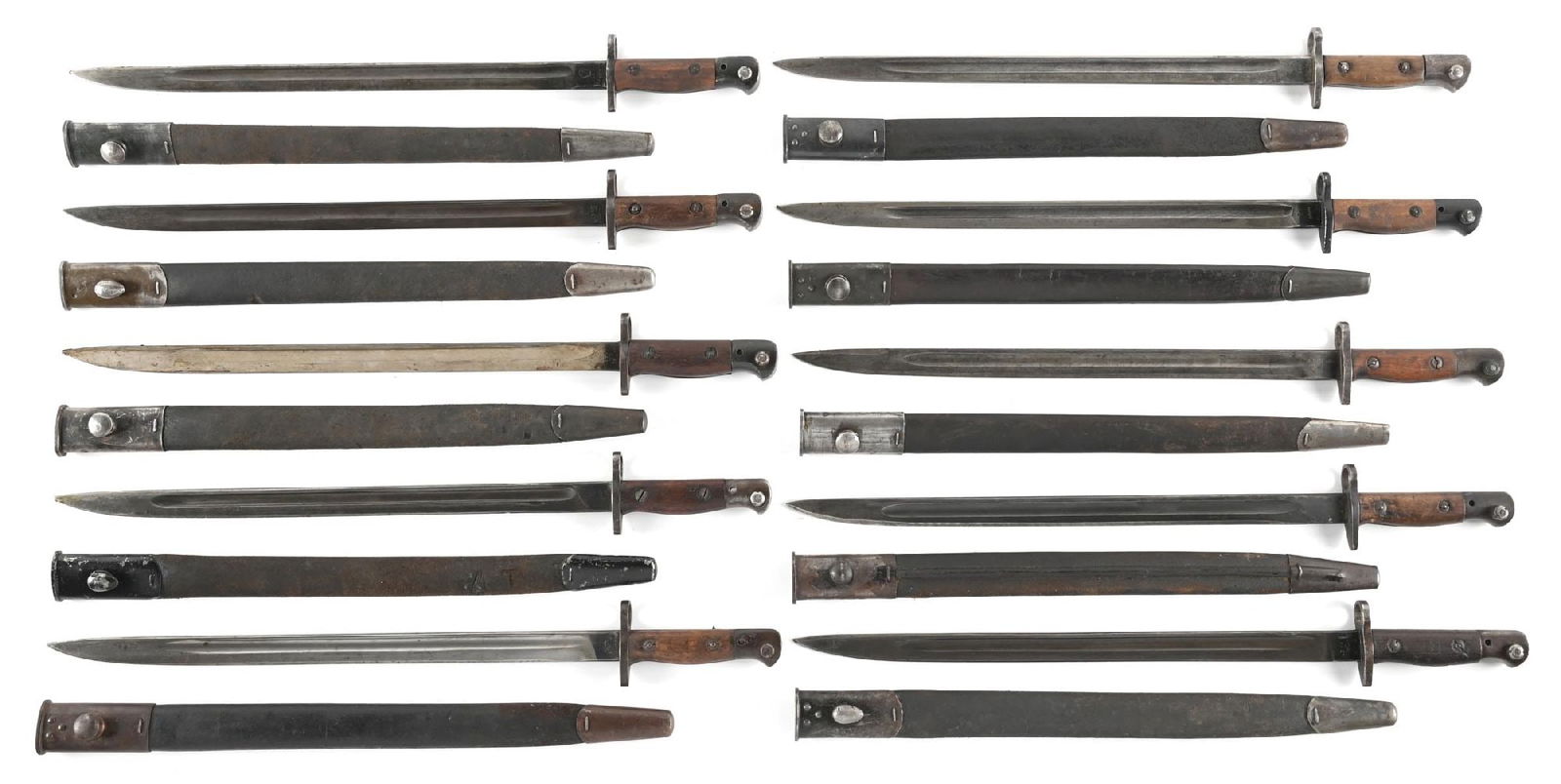 LOT OF 10: BRITISH P1907 BAYONETS.: Lot consists of: (A) Marked "1907 / WILKINSON". (B) Marked "1907 / 1 '18 / WILKINSON". (C) Marked "1907 / WS / 11 42". (D) Marked "1907 / 0 18 / SANDERSON" (E) Marked "1907 / 3 18 / VICKERS.". (F) Mar