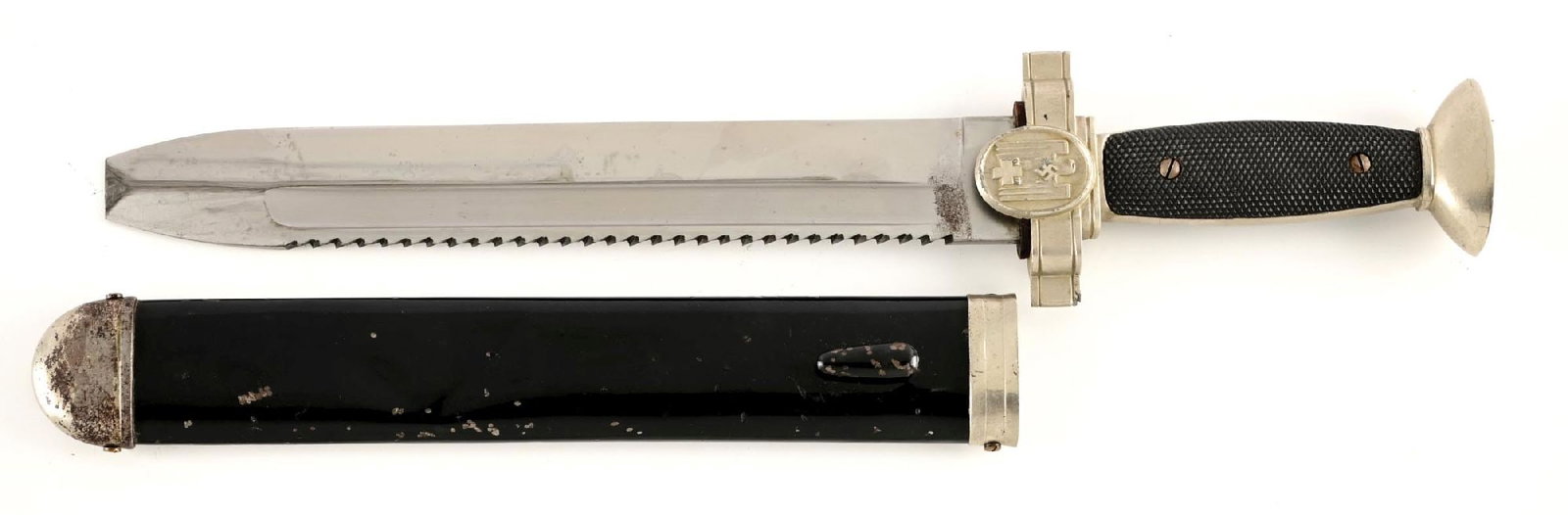 THIRD REICH RED CROSS HEWER.: German World War II Red Cross Hewer marked "GES / GESCHUTZT". The blade exhibits very nice factory cross graining throughout its length and is bright with scattered blemishes. The crossguard and pomme