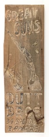 OLD BARN WOOD DUTT BROS GUN SHOP FOLK ART SIGN.