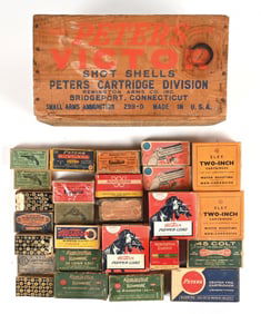 16 BOXES OF VINTAGE AMMUNITION IN WOODEN CRATE.