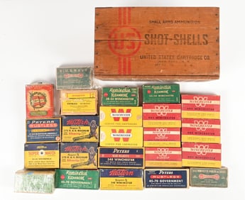 20 BOXES OF HARD TO FIND VINTAGE COMMERCIAL AMMUNITION IN WOODEN CRATE.