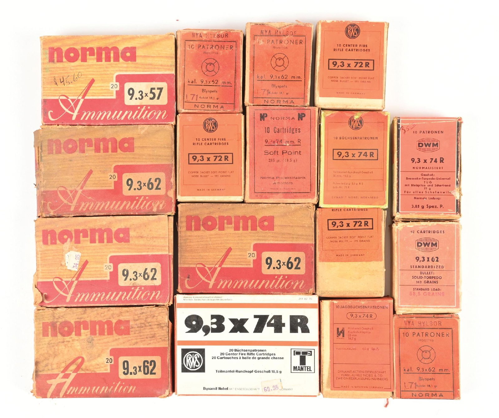 16 FULL BOXES OF HARD TO FIND EUROPEAN 9MM BIG BORE RIFLE AMMUNITION.: All boxes are 10 rounds each unless noted. Lot includes RWS 9.3x74 R (20 rds), Norma 9.3 x 57 (20 rds) (3) Norma 9.3 x 62 ( 20 rds), (5) RWS 9.3 x 72R, (3) Norma 9.3 x 62, (2) RWS 9.3 x 72 and a box o