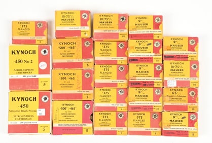 LARGE LOT OF 19 FULL BOXES OF VINTAGE KYNOCH AMMUNITION.