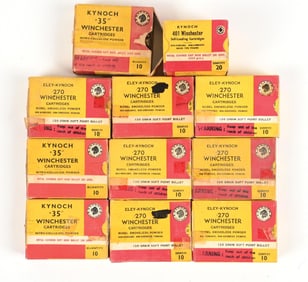 11 BOXES OF OF KYNOCH VINTAGE WINCHESTER CALIBER AMMUNITION.