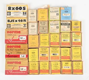 28 FULL BOXES OF SCARCE EUROPEAN VINTAGE COMMERCIAL AMMUNITION.