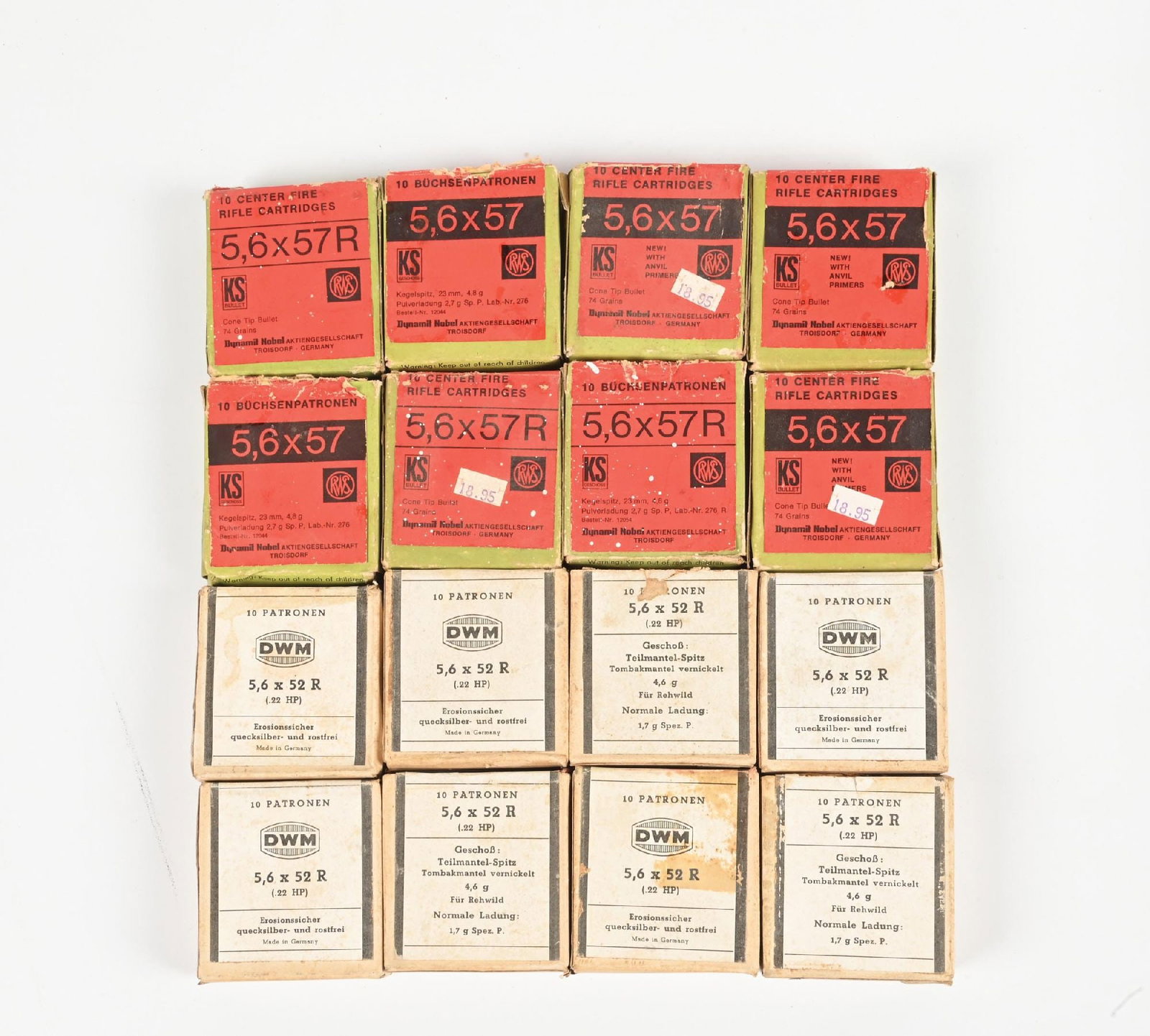 11 FULL BOXES OF EUROPEAN 5MM RIFLE AMMUNTITION.: All are 10 round boxes to include (8) 5.6 x 52R (mostly DWM) (3) RWS 5.6 X 57R, and (5) RWS 5.6 X 57.