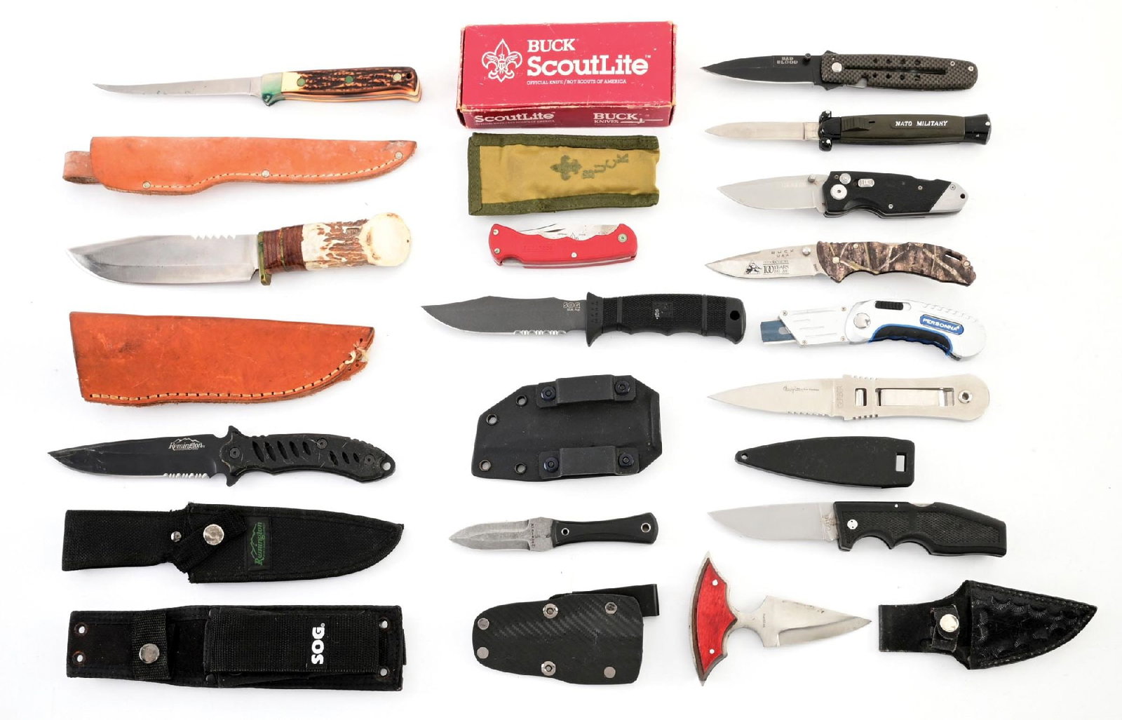 LOT OF MISCELLANEOUS TACTICAL FIXED BLADE AND FOLDING KNIVES.: Lot contains various miscellaneous fixed blade and folding knives including those from makers Buck, SOG, Schrade, Gerber, Hallmark Cutlery, etc. Some are marked China. All exhibit varying degrees of w