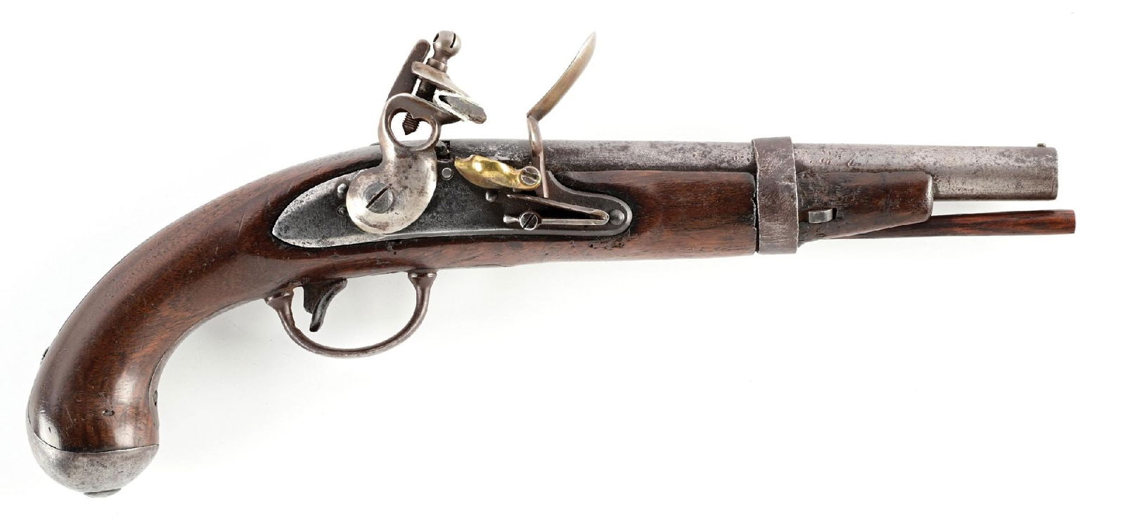 (A) SIMEON NORTH U.S MODEL 1816 FLINTLOCK PISTOL.: Round barrel with brass bead front sight, "P / US" offset over breech, trumpet headed ramrod that feeds directly into a mouth, replacement barrel band with only single band. Convex banana lock with go