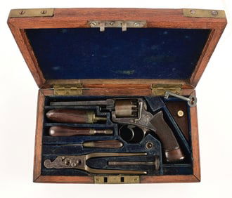 (A) CASED ADAMS PATENT DOUBLE ACTION PERCUSSION REVOLVER.