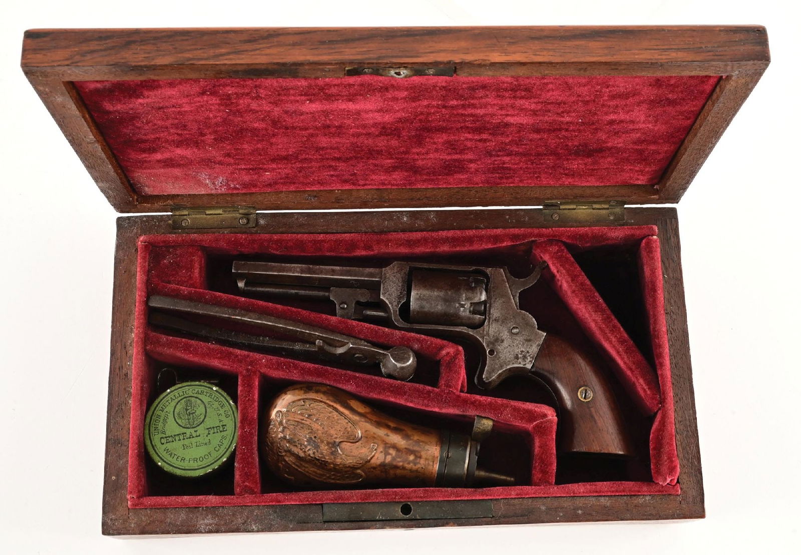 (A) CASED BLISS & GOODYEAR POCKET MODEL SINGLE ACTION PERCUSSION REVOLVER. (1 of 4)