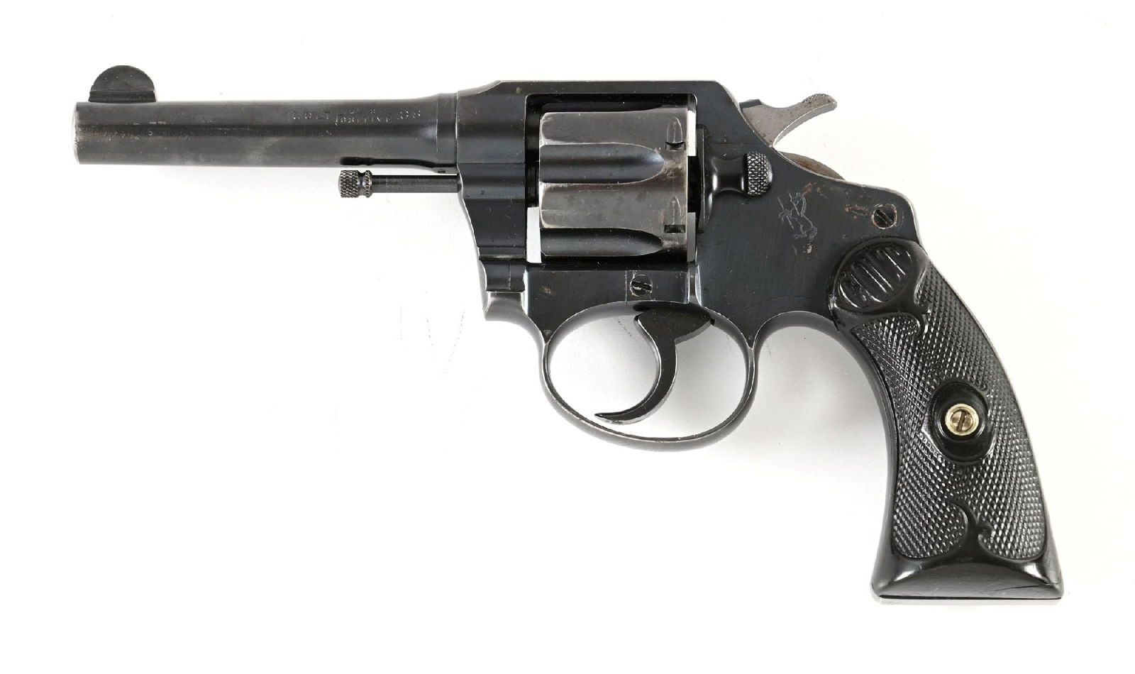 (C) PRE-WAR COLT POLICE POSITIVE DOUBLE ACTION REVOLVER.: Dates to 1916. Standard Colt blue, fixed sights with Colt gutta percha grips. CONDITION: Excellent. Retains 95% blue with minor muzzle wear, light oxidation on straps and trigger guard, and minor hand