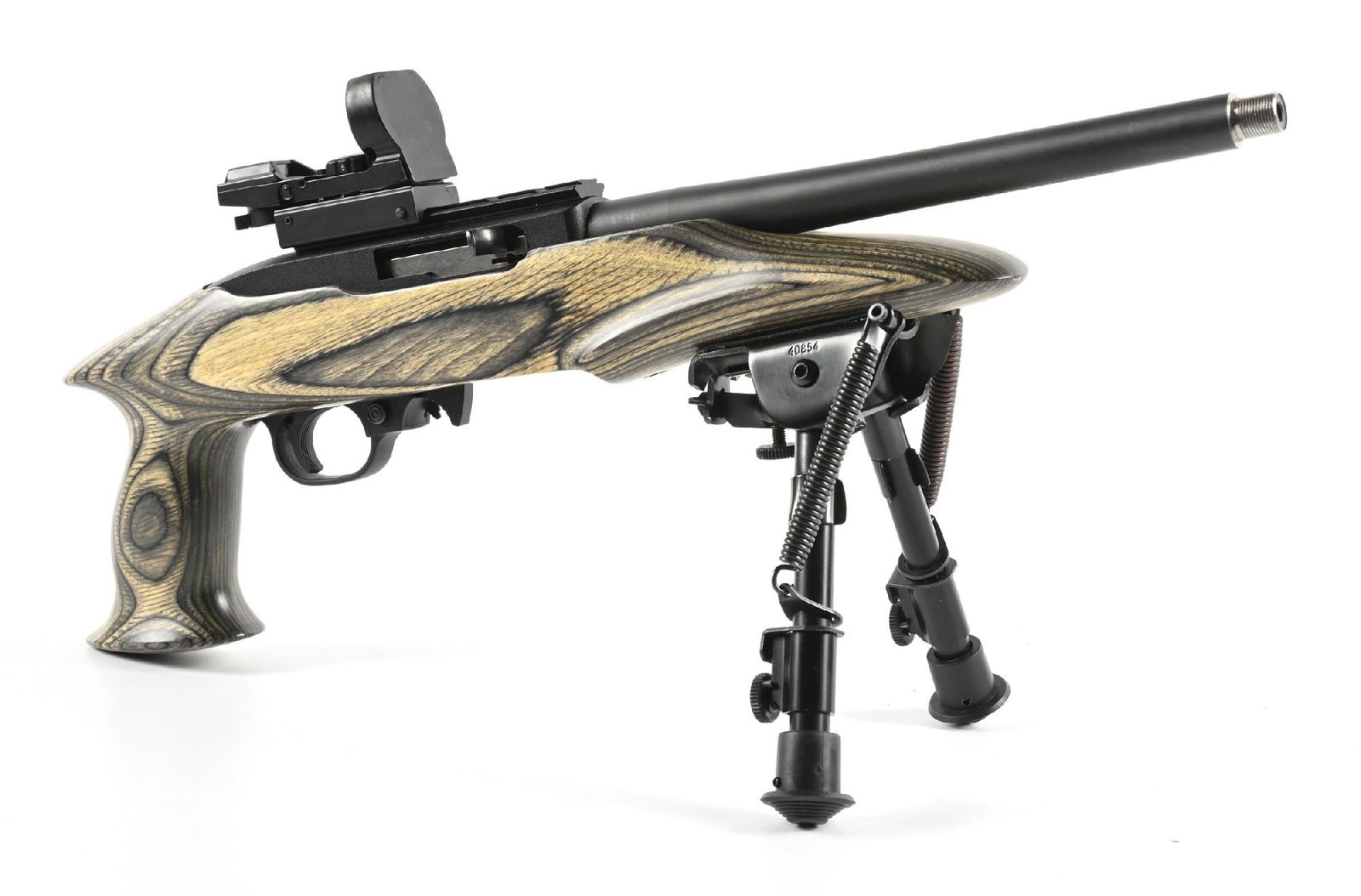 (M) RUGER 10/22 CHARGER SEMI-AUTOMATIC PISTOL.: Matte blue finished barrel and alloy receiver with no options for iron sights and a Ultra Dot Pan AV mounted, laminate pistol grip stock with a factory supplied bipod. CONDITION: Very Good, shiny stro