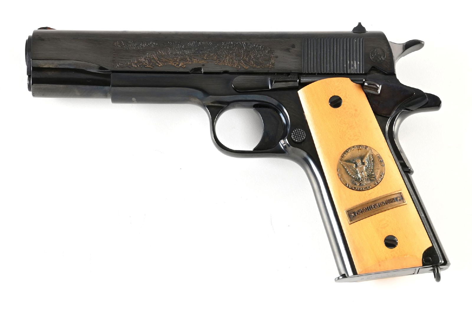 (C) SECOND BATTLE OF THE MARNE COMMEMORATIVE COLT 1911 SEMI-AUTOMATIC PISTOL.: Standard high polish blued version of the 1911 with special gold wash slide etching and special grips with medallions and banner. CONDITION: Excellent. Retains virtually all of its bright high polish