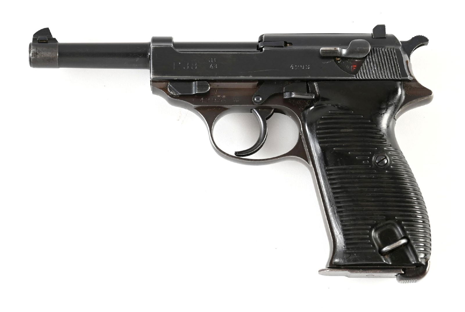 (C) WWII WALTHER P38 SEMI-AUTOMATIC PISTOL.: The AC 43 factory and date code is on left side of slide. Right side of slide has the three waffenamt inspector stamps with "(Eagle) 359". Arsenal blue finish, wind drift rear sight, dark plastic grip