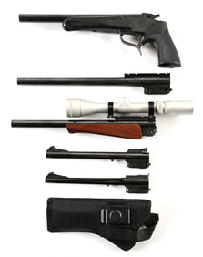 (M) THOMPSON CENTER CONTENDER PISTOL WITH FOUR EXTRA BARRELS.