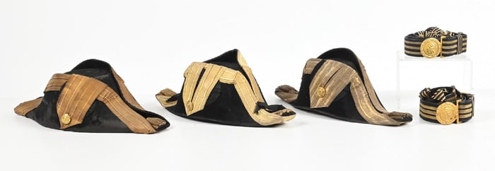 LOT OF 5: FLAG OFFICER CHAPEAUS AND BELTS.