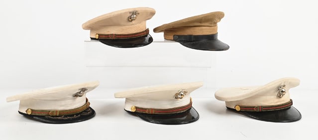 LOT OF 5: ID'D WWII ERA US MARINE CORPS OFFICER'S VISOR HATS, ONE NAMED TO GENERAL HAROLD ROSECRANS.