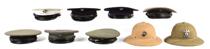 LOT OF 9: US WWII ERA MARINE CORPS VISOR HATS AND PITH HELMETS.