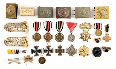 LOT OF PRE-IMPERIAL AND IMPERIAL GERMAN MEDALS, BUCKLES, AND INSIGNIA.