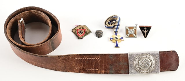 LOT OF THIRD REICH INSIGNIA AND FIRE POLICE BELT AND BUCKLE.