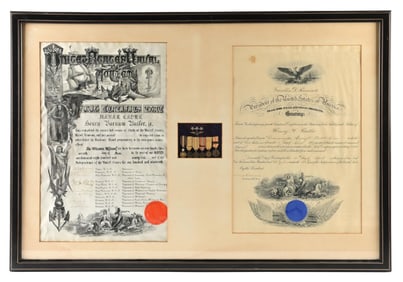 FRAMED MINI MEDAL AND CERTIFICATE DISPLAY OF VICE ADMIRAL HENRY V. BUTLER.
