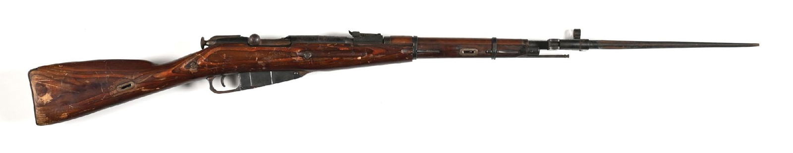 (C) IZHEVSK M44 MOSIN NAGANT BOLT ACTION TRIALS CARBINE.: Dated 1945. Finished in arsenal blue with hooded post front sight, tangent rear, folding cruciform spike bayonet, and laminate stock. A grenade launcher sight base has been added to the left side of t